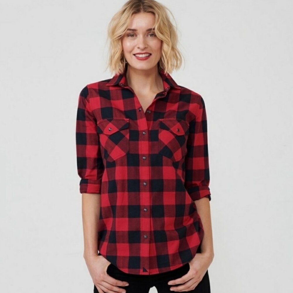 EUC Women's UNTUCKit Hailey Button Up Pearl Snap Buffalo Plaid Shirt |‎ Size 8